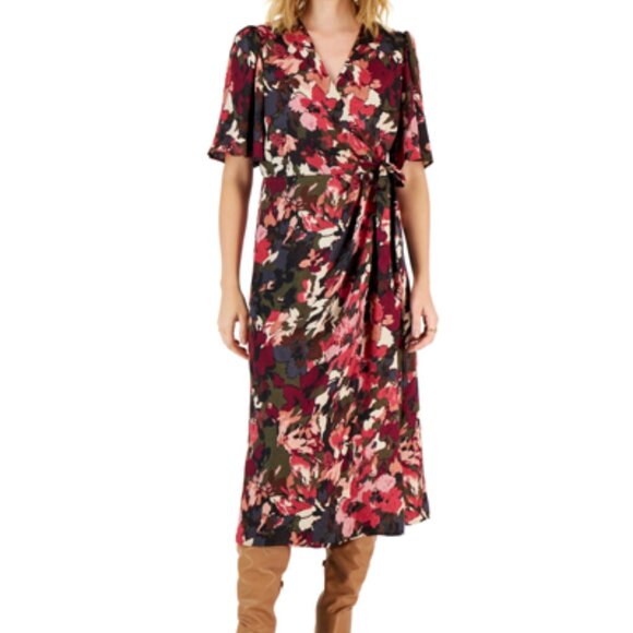 Anne Klein Flutter Sleeve Faux Wrap Dress Womens 12 Floral Kelp/Chianti Combo - Picture 1 of 3